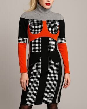 Nuvula Geometric Colorblock Long Sleeve Mock Neck Retro Mod Midi Dress Sz M